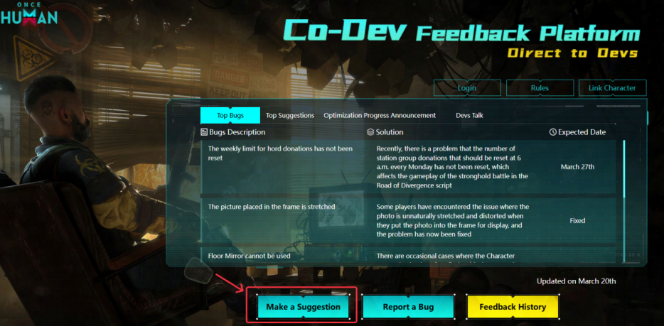 Official platform walkthrough showing Login and Link Character controls