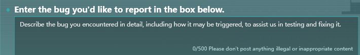 Current blank bug description form showing its 500-character limit
